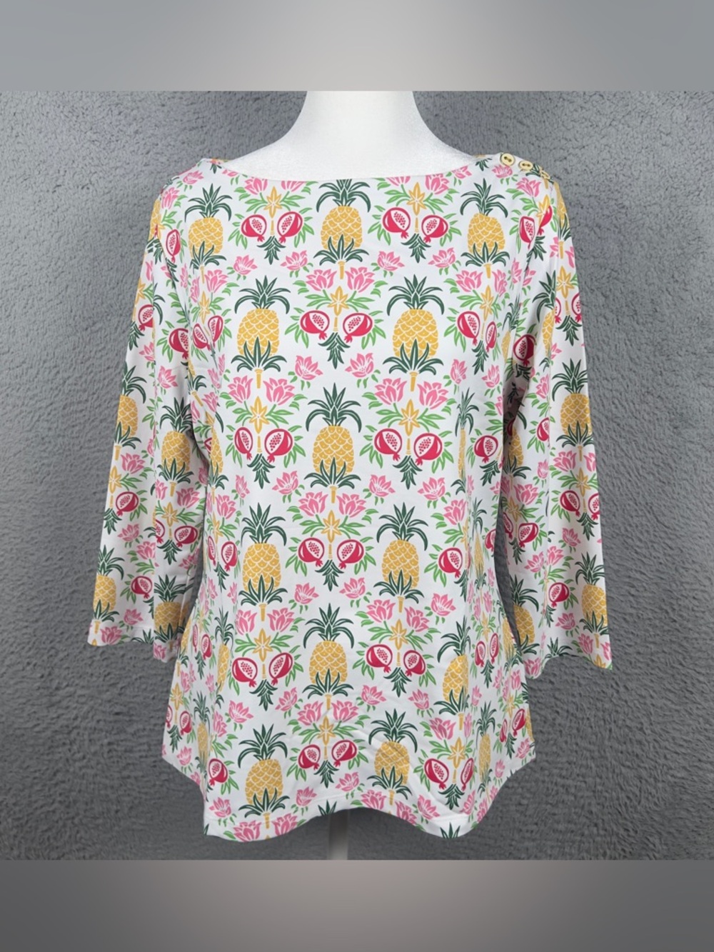 J Mclaughlin Top Womens Large White Pineapple Print Catalina Cloth 3/4 Sleeve